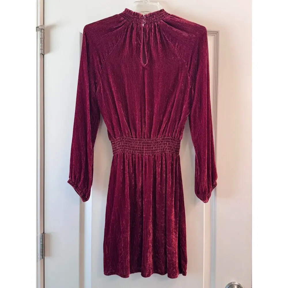 Bella Dahl Velvet Dress Silk Blend Burnt Orange Smocked Waist Boho XS - Picture 3 of 6